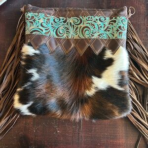 Tricolor Cowhide Leather Bag with Turquoise and Brown Accents